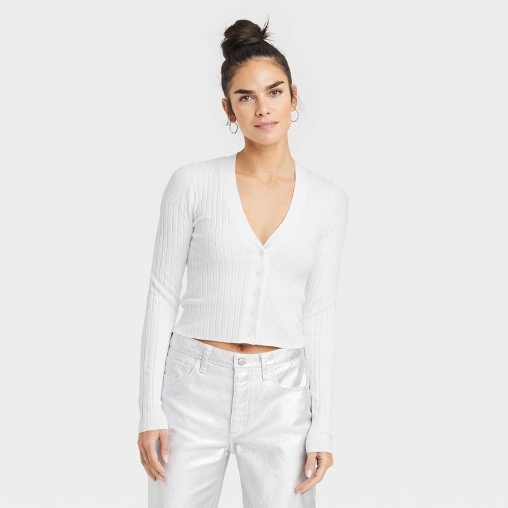 White Rib Knit Cardigan